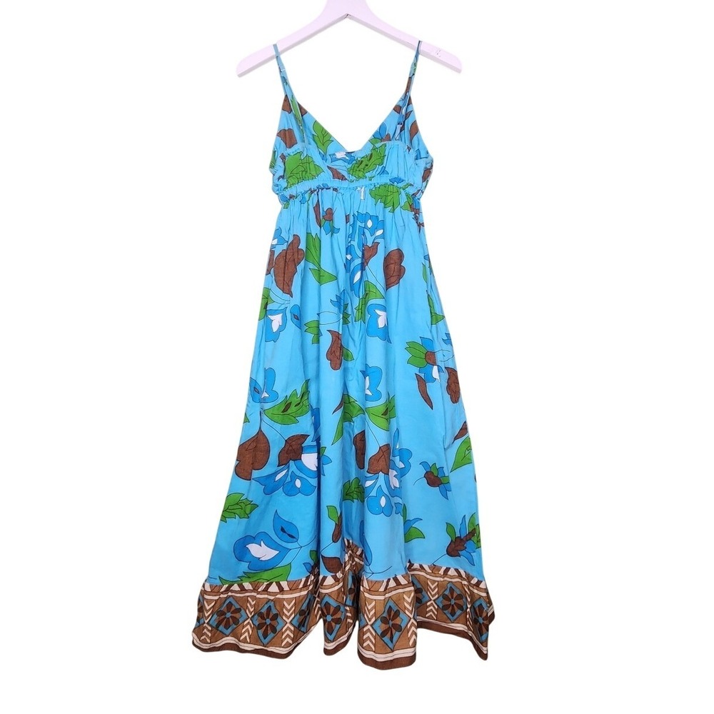 Urban Heritage Sundress Boho Blue Green Leaf Tropical Print Empire Waist Y2K S